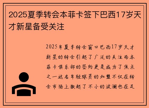 2025夏季转会本菲卡签下巴西17岁天才新星备受关注