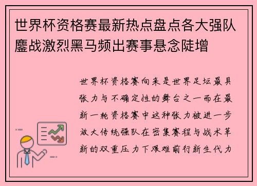 世界杯资格赛最新热点盘点各大强队鏖战激烈黑马频出赛事悬念陡增 世界杯资格赛最新热点盘点各大强队鏖战激烈黑马频出赛事悬念陡增